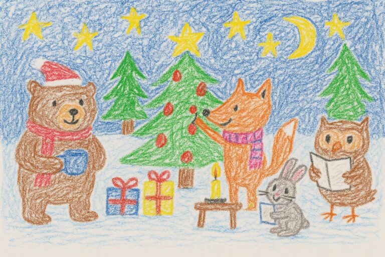 Kinderzeichnung Die Tiere im Wald feiern Weihnachten